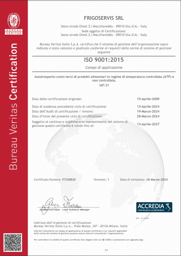 Certificato ISO 9001:2015 Frigoservis Sardegna